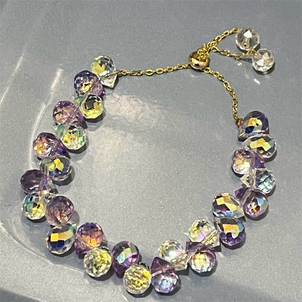 Adjustable Slider Glass Bracelet Purple Faceted Crystal Teardrop Gift Evening - Picture 3 of 4